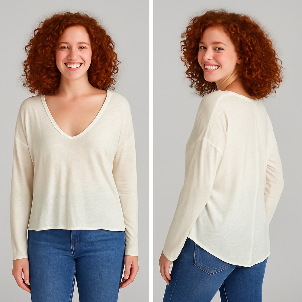 Project Social T White Long Sleeve V-Neck Lightweight Slub Knit Size Small AR2